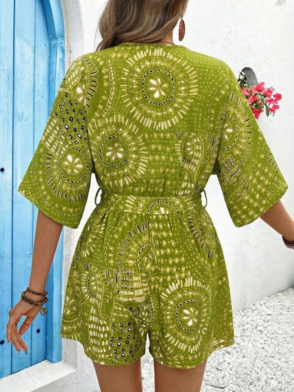 Green Boho Women's V-Neck Criss-Cross Waist Tie Floral Print Romper - Picture 2 of 6